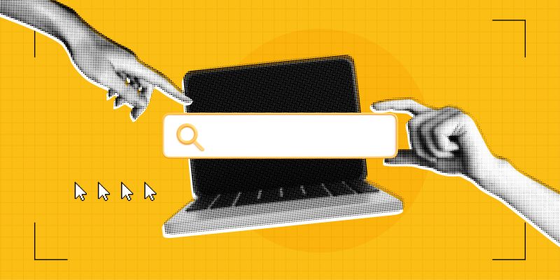 Trendy Halftone Collage Hand points to Search bar on computer screen. Job for hire online. Find information in internet browser. Data base. Seo marketing concept. Contemporary vector illustration art